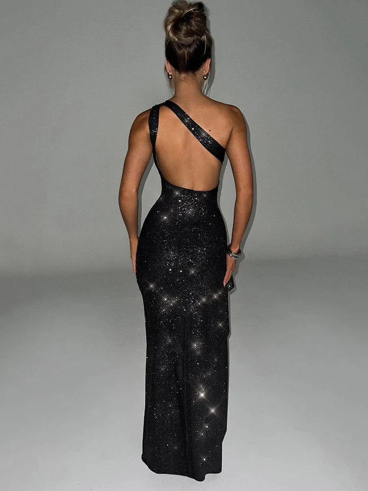 Elegant One Shoulder High Split Backless Bodycon Dress - Image 4