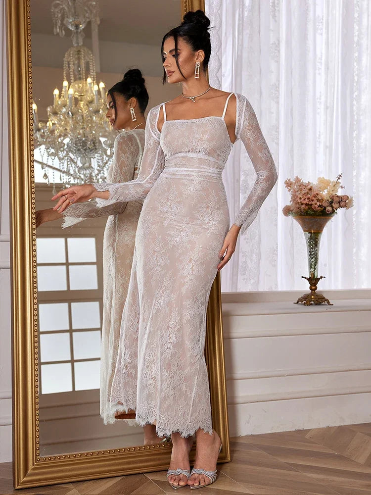 Elegant Vintage Lace Bodycon Dress with Detachable Cape - Image 3