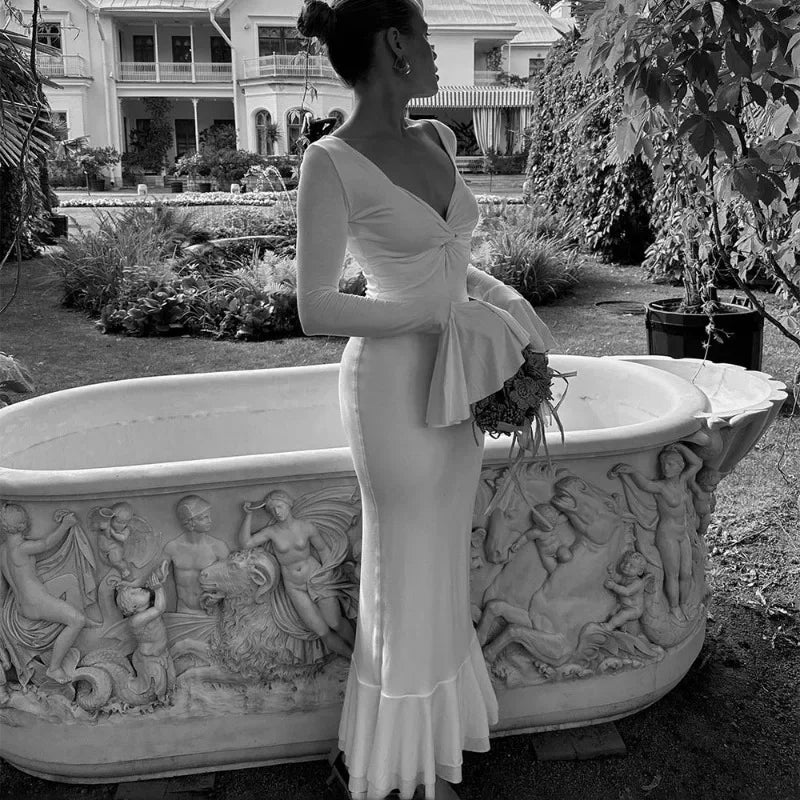 Elegant White Ruffled V-Neck Long Dress for Women - Image 6