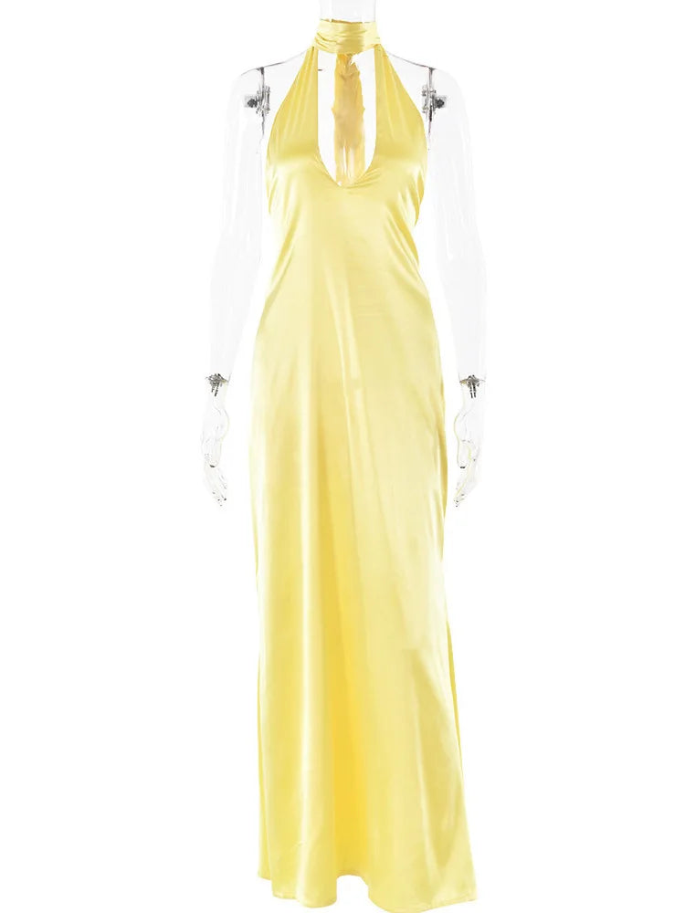 Elegant Deep V Lace-Up Satin Open Back Dress for Women - Image 8