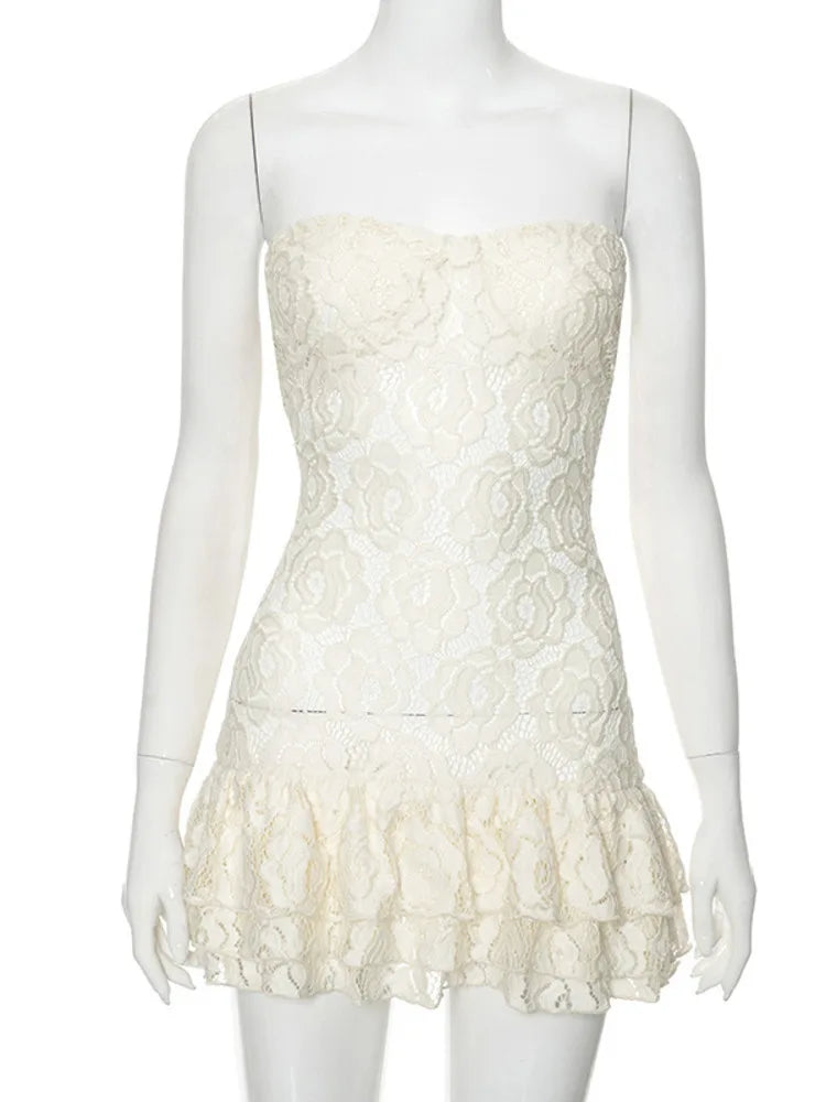 Sexy Strapless Lace Patchwork Double-Layer High-Waisted Dress - Image 5