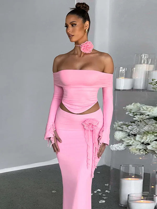 Elegant 3D Flower Long Sleeve Two-Piece Evening Dress - Image 4