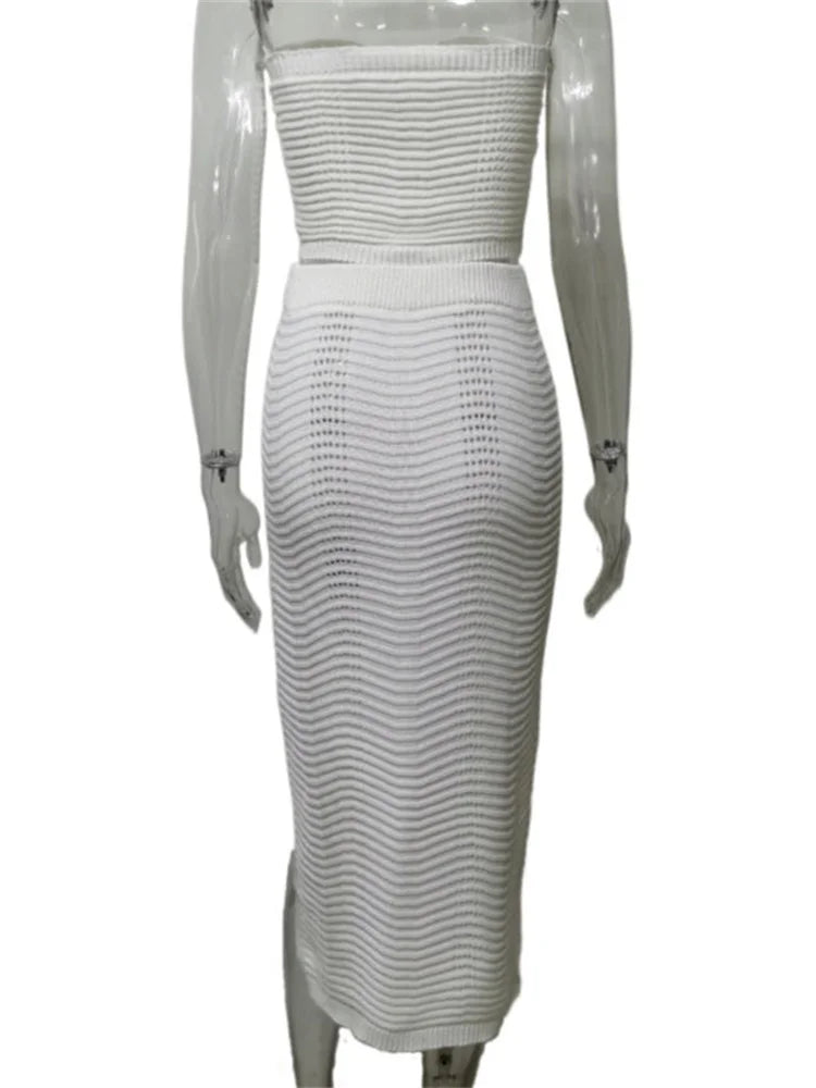 Elegant Off-Shoulder Midi Skirt & Hollow Tube Top Set - Image 4