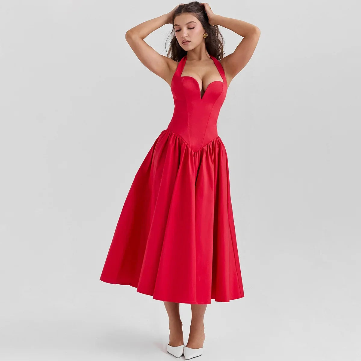 Elegant Red Halter Fit and Flare Summer Dress - Image 6