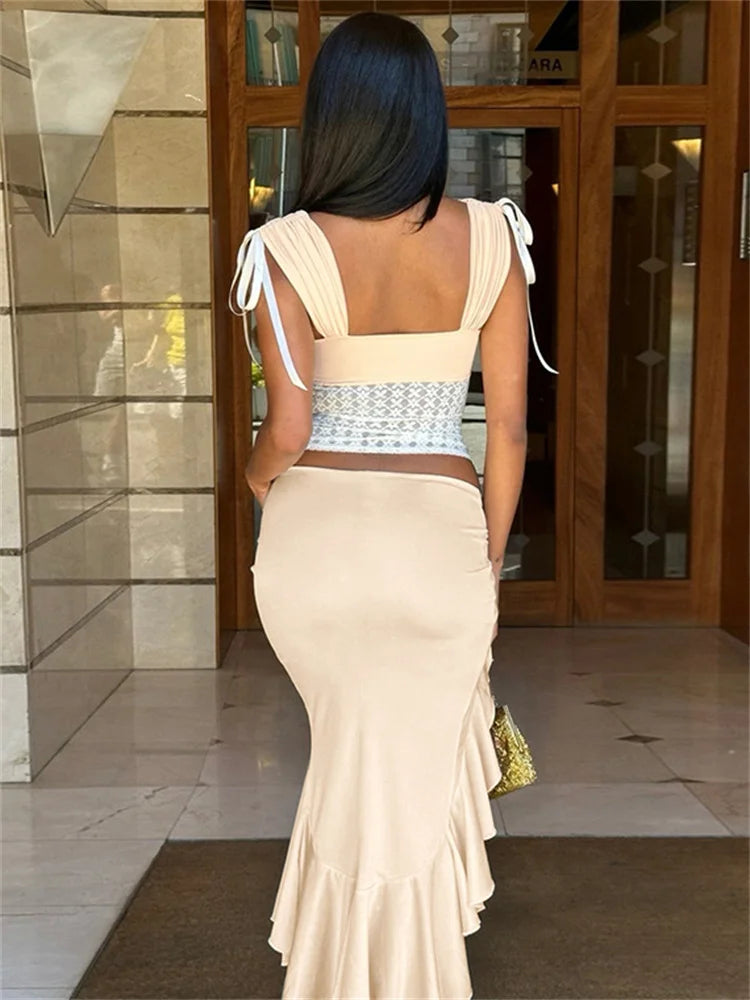 Elegant Backless Ruffled Lace Maxi Skirt Set for Women - Image 5