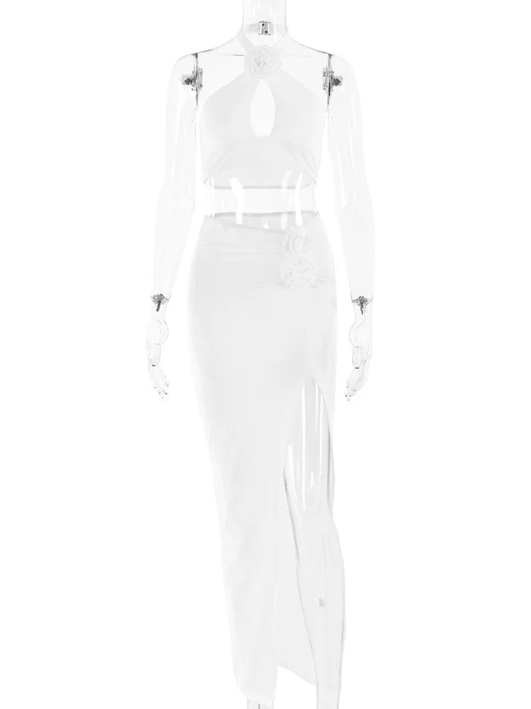 Floral Hollow Out Slim Fit Two-Piece Midi Dress - Image 8