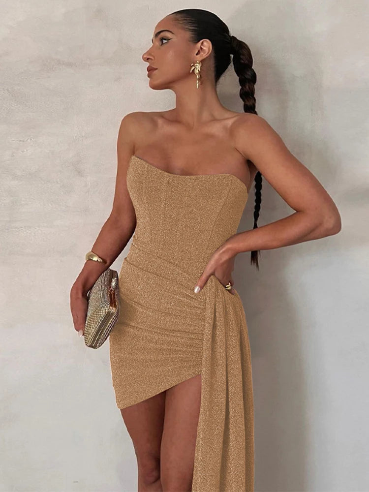 Elegant Ruched Glitter Bodycon Mini Dress for Women