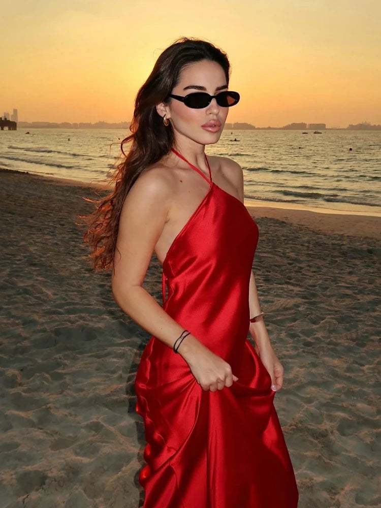 Elegant Backless Satin Midi Dress for Evening Parties