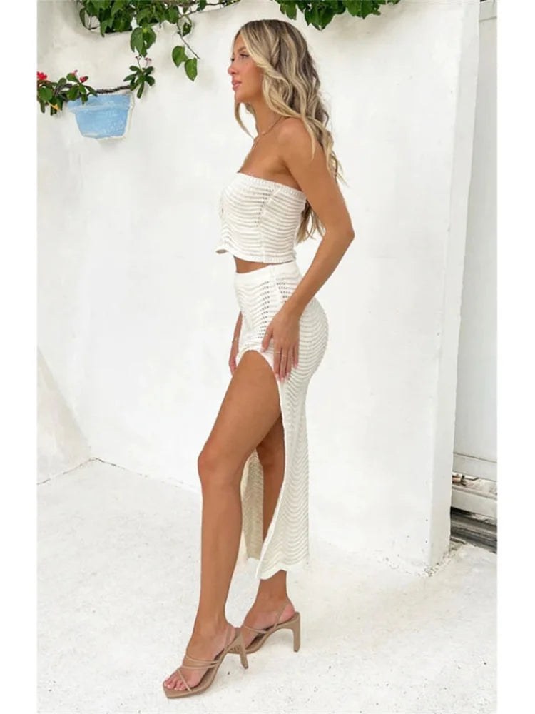 Elegant Off-Shoulder Midi Skirt & Hollow Tube Top Set - Image 3