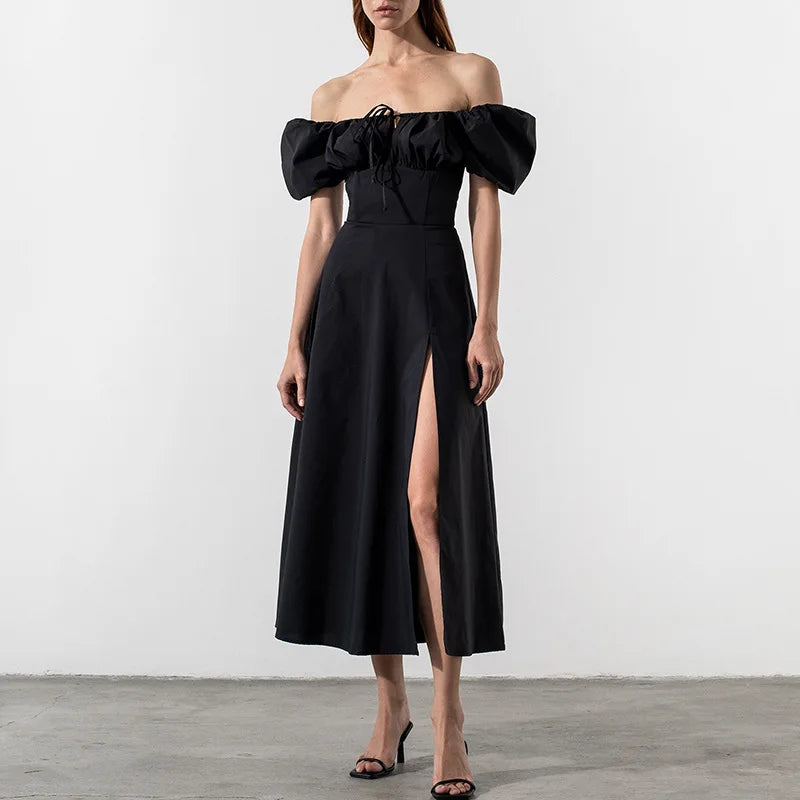 Elegant Off-Shoulder White Midi Dress with High Split - Image 4