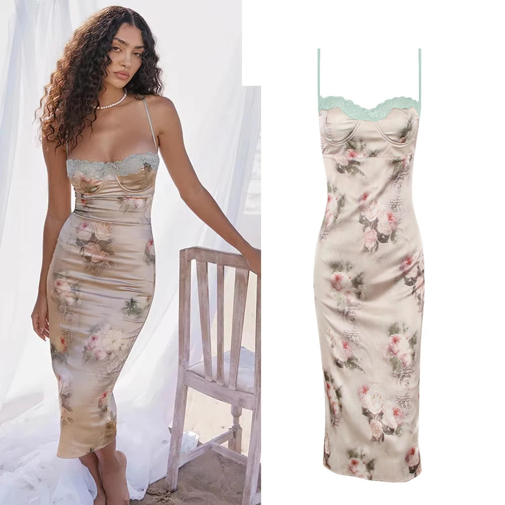 Elegant Lace Print Midi Dress with Spaghetti Straps for Women - Image 6