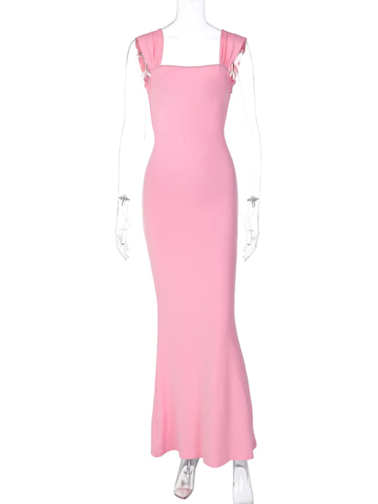 Elegant Pink Backless Lace-Up Bodycon Maxi Dress - Image 6