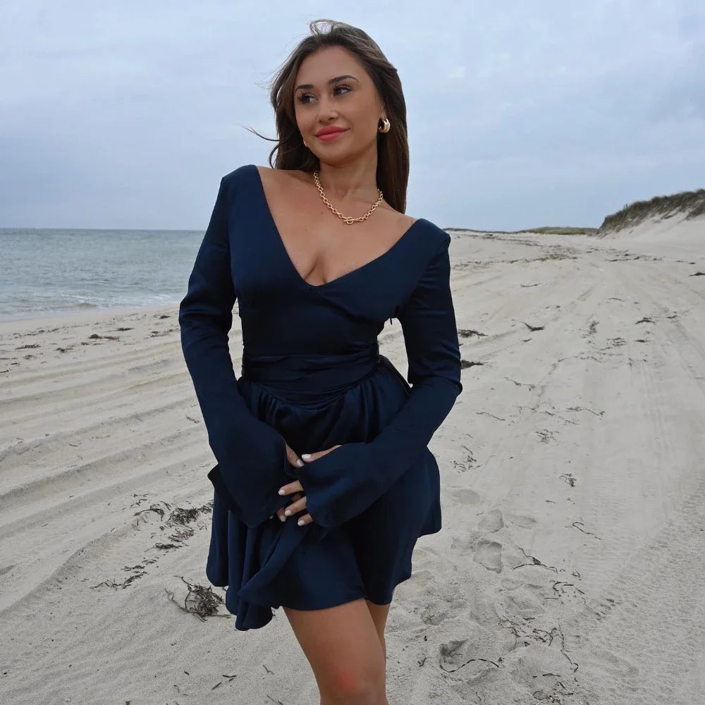 Stylish V Neck Long Sleeve Belted Dress for Women - Image 4
