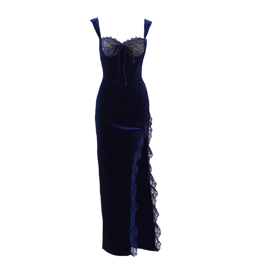 Elegant Blue Velvet Maxi Dress with Sexy Split for Weddings - Image 7