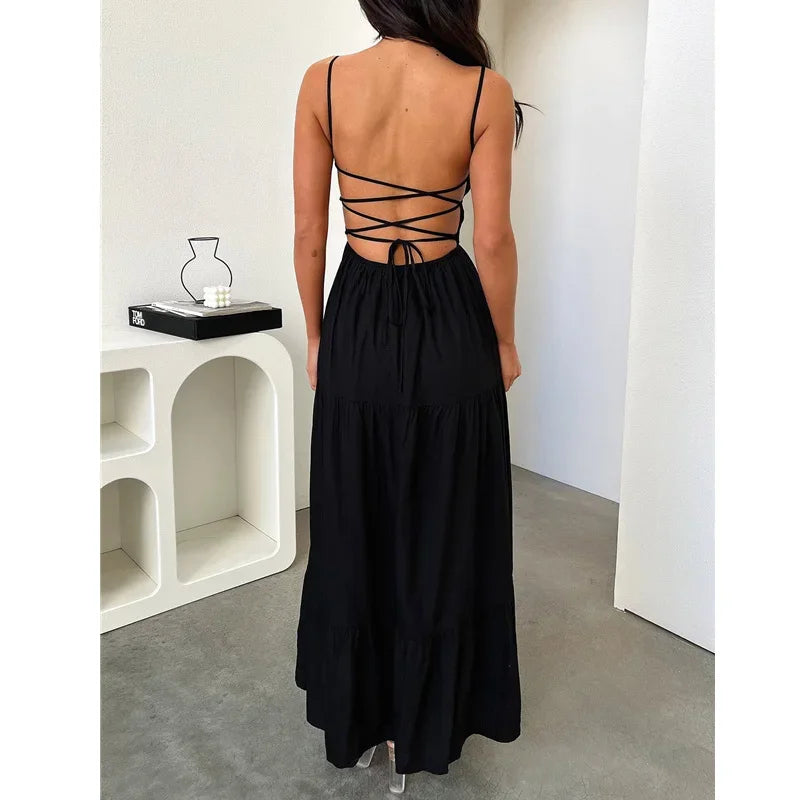 Women's Solid Color Backless Summer Tie-Up Dress - Image 3