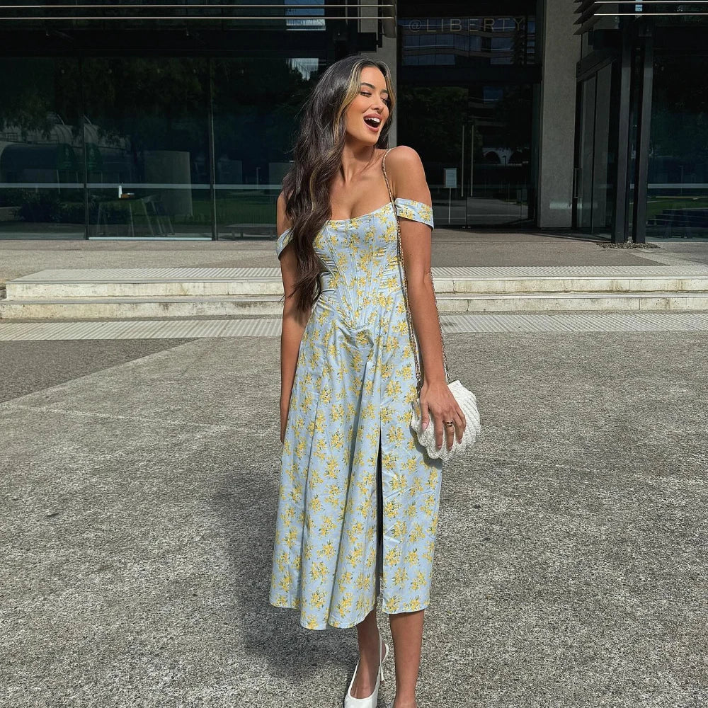 Elegant Summer Corset Midi Dress with Floral Print - Image 3