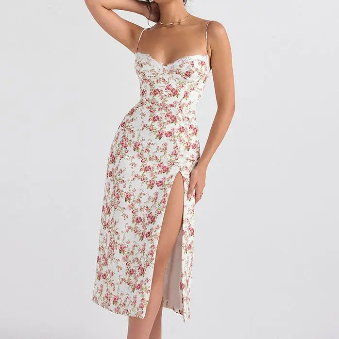 Floral Print Slip Midi Dress with Lace Trim & Slit - Image 10