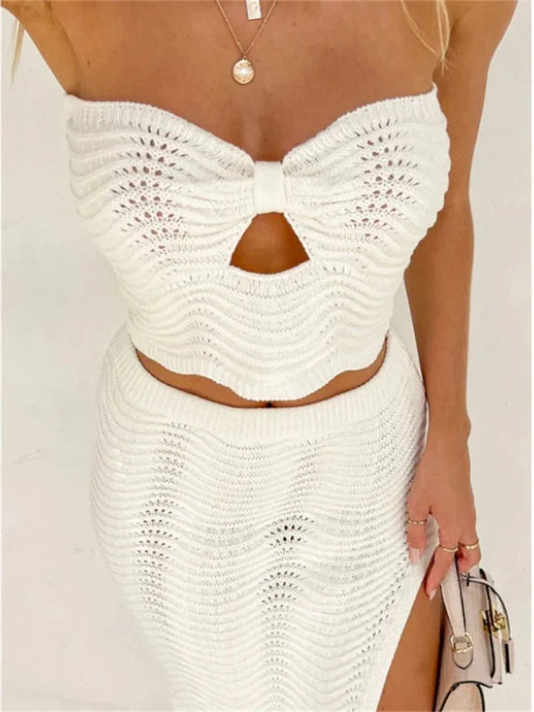 Elegant Off-Shoulder Midi Skirt & Hollow Tube Top Set
