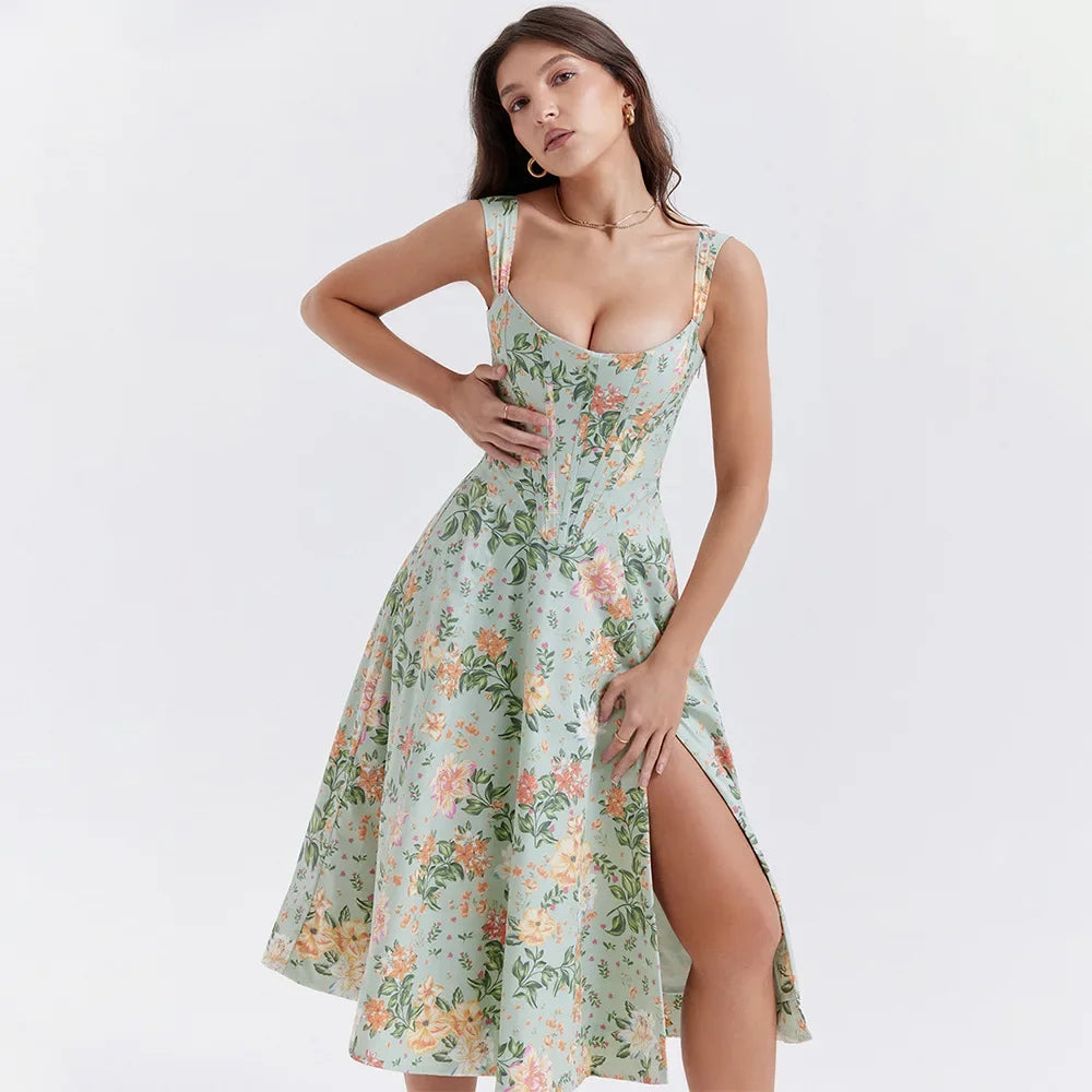 Elegant Summer Corset Midi Dress with Floral Print - Image 9