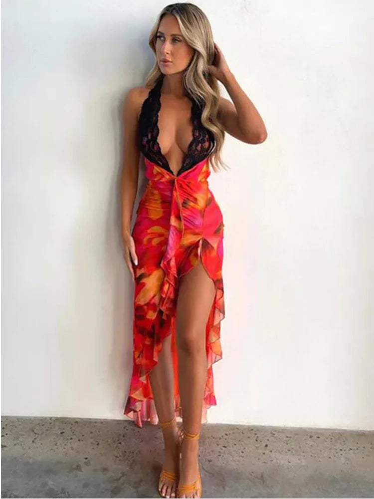 Women's Summer Lace Patchwork Irregular Split Dress - Image 7