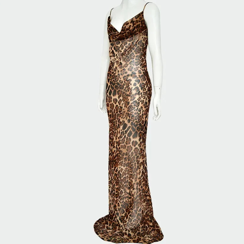 Summer Leopard Backless Sheer Maxi Dress for Beach Holidays - Image 7