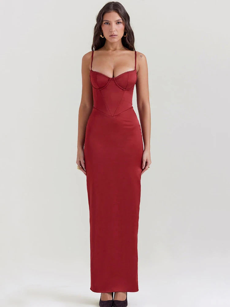 Elegant Red Spaghetti Strap Bodycon Maxi Dress for Women