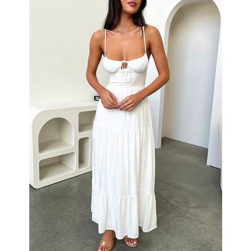 Women's Solid Color Backless Summer Tie-Up Dress - Image 4