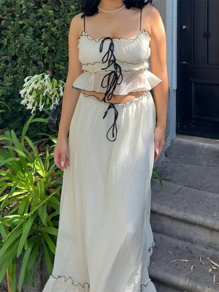Elegant Ruffle Mesh Dress Set with Lace Crop Top - Image 5