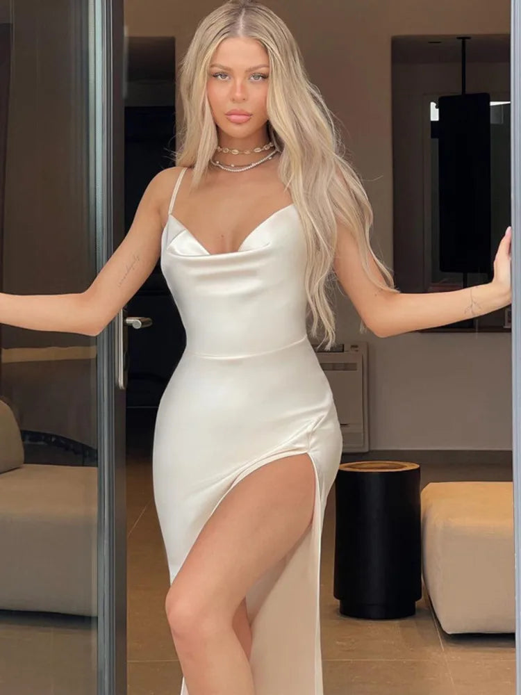 Backless Satin Maxi Dress with High Split & Spaghetti Straps - Image 6