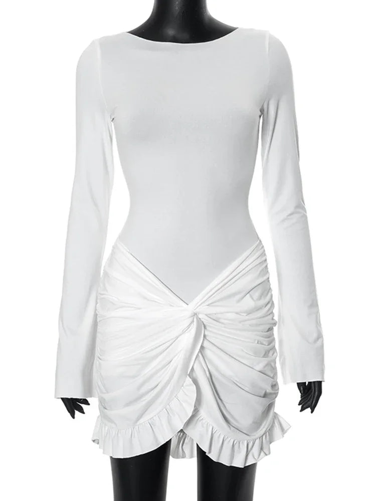 Women's Bodycon Pleated Twist Mini Dress - Long Sleeve - Image 7