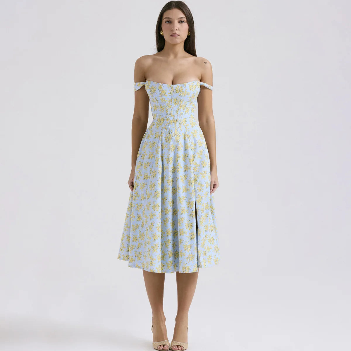 Elegant Summer Corset Midi Dress with Floral Print