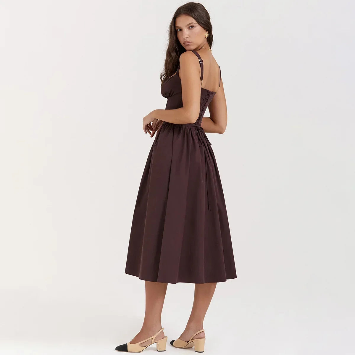 Trendy Brown Midi Spaghetti Strap Dress for Women - Image 6