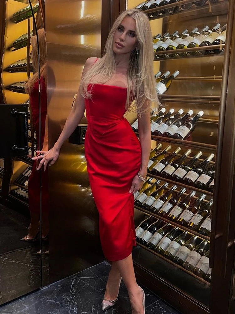 Elegant Red Satin Midi Dress for Night Out - Image 4