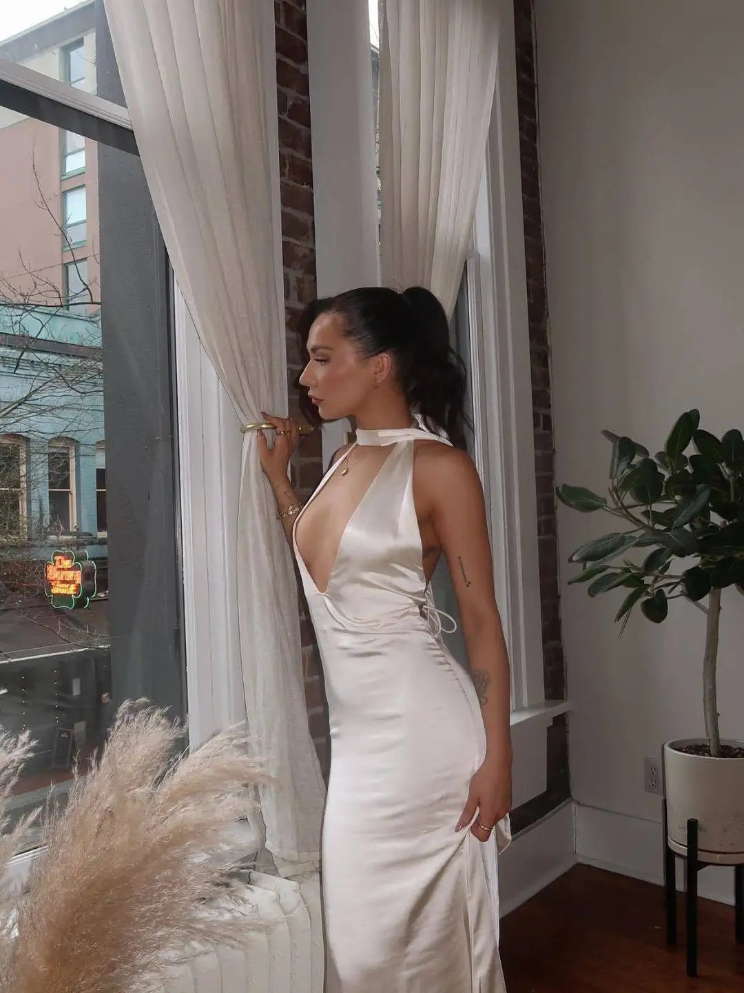 Elegant Deep V Lace-Up Satin Open Back Dress for Women - Image 6