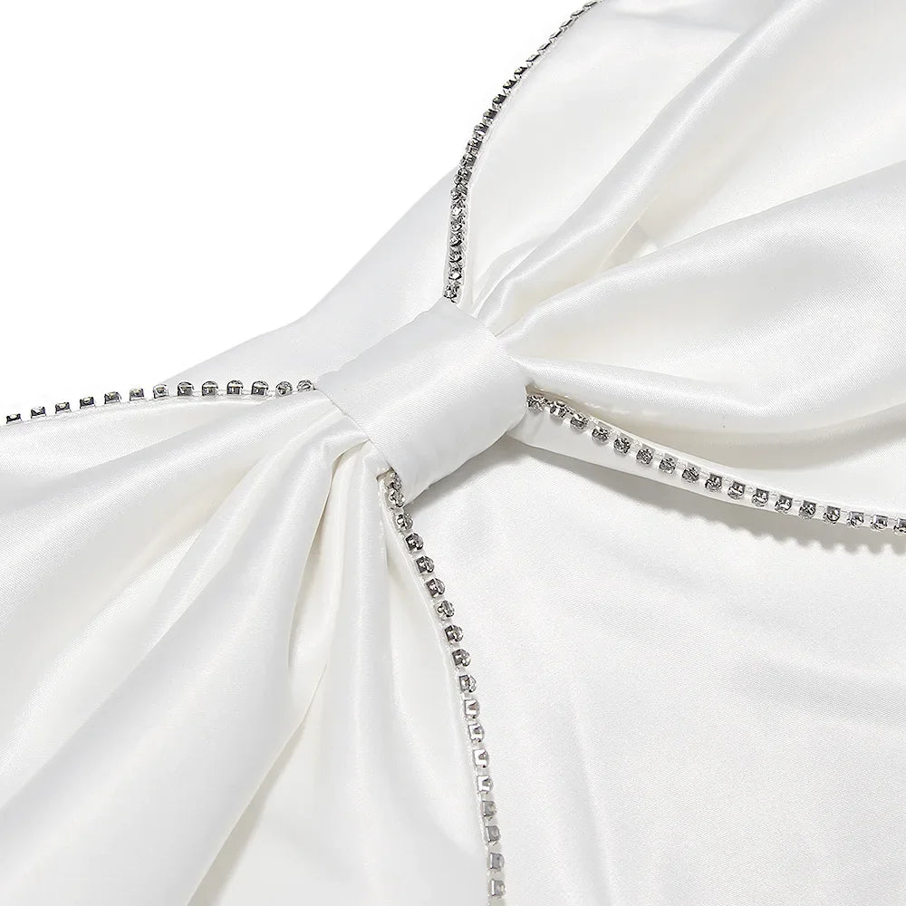 Elegant Satin Strapless Bodycon Dress with Diamante Bow - Image 6
