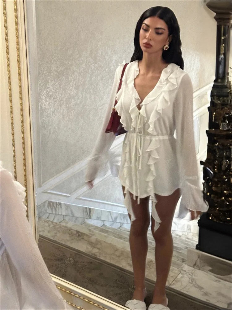 Lace-Up Ruffled White Mini Dress with Long Sleeves - Image 4