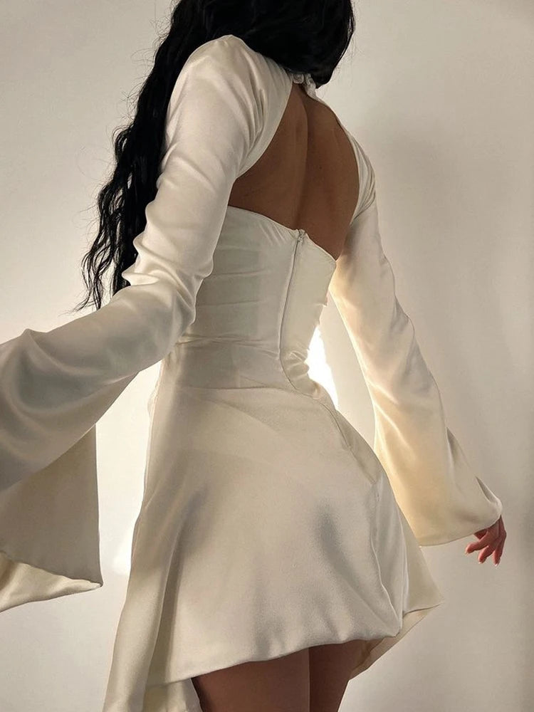 Elegant White Long Sleeve Satin Dress for Special Occasions - Image 4