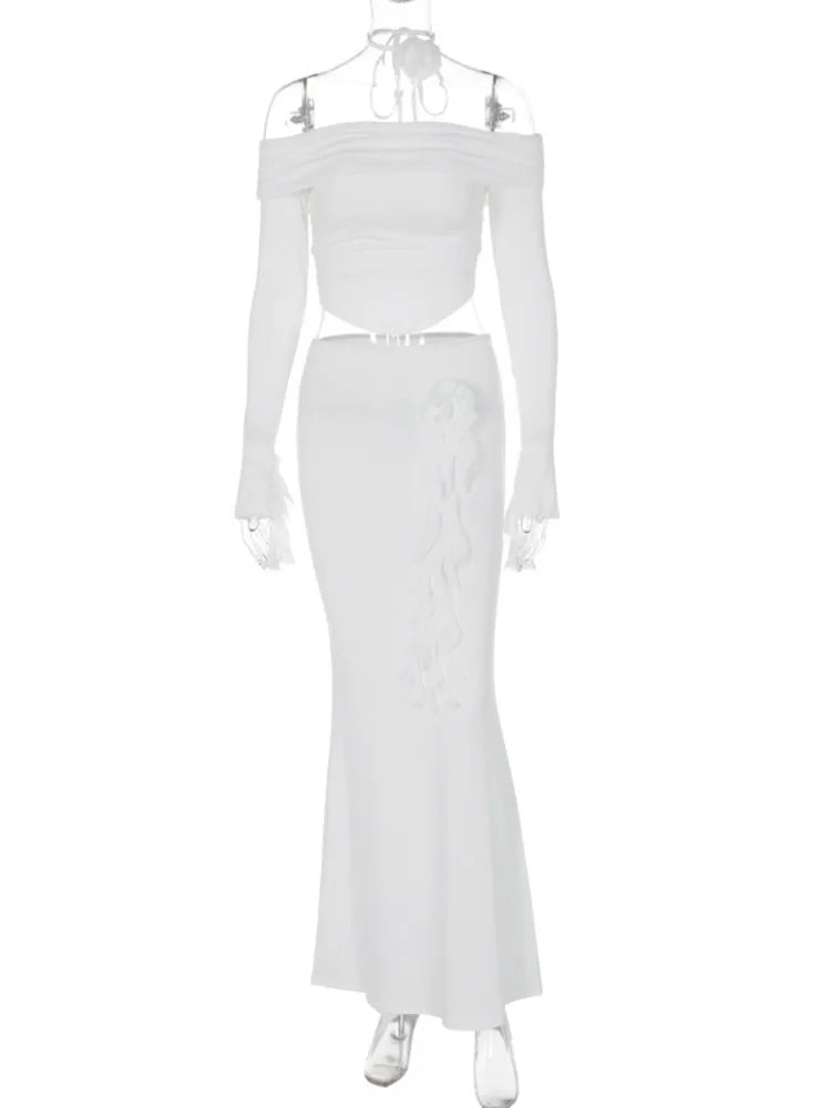 Elegant 3D Flower Long Sleeve Two-Piece Evening Dress - Image 9