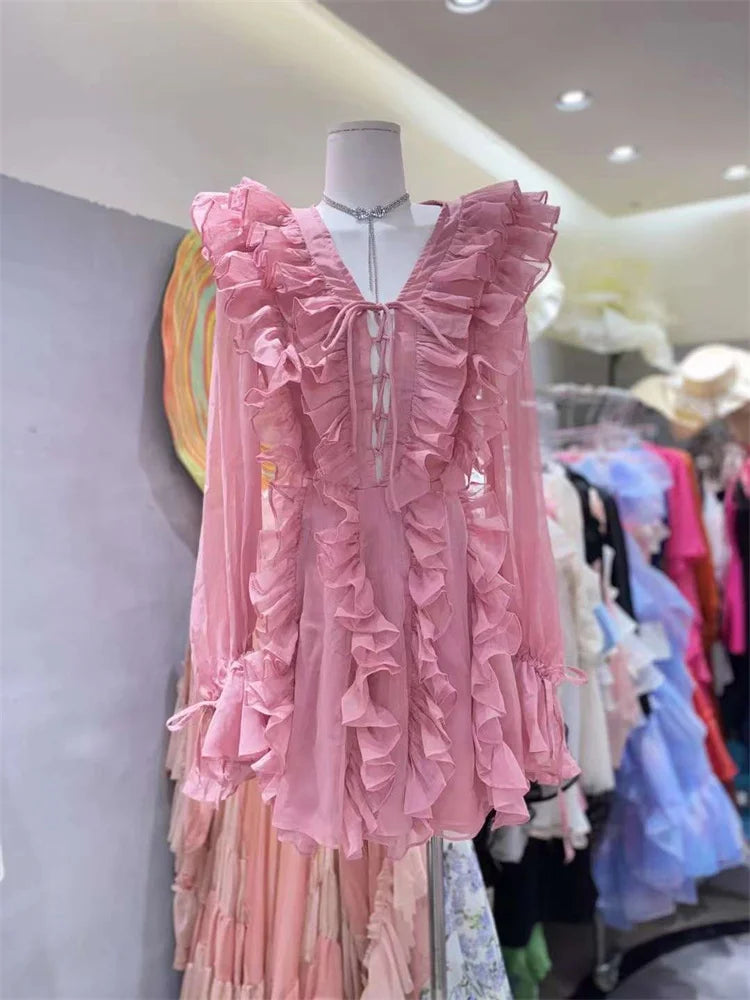 Chic V-Neck Lace-Up Ruffled Mini Dress for Women - Image 12