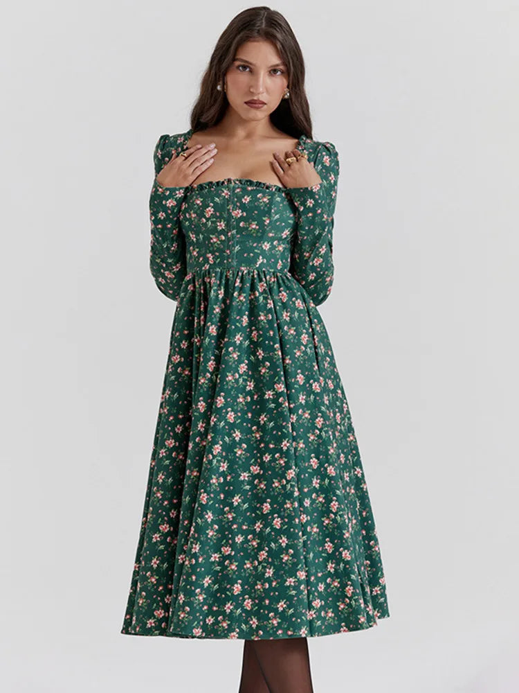 Elegant Long Sleeve Square Neck Floral Dress for Women - Image 10
