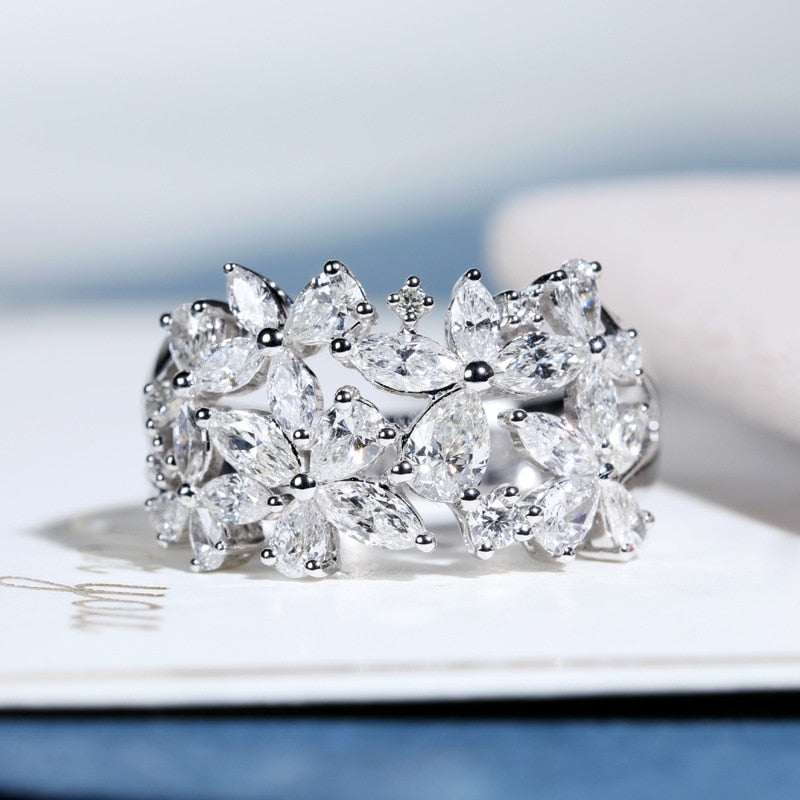 925 Silver Petal Rotating Ladies Ring Natural Zircon Rose Gold Ladies Wedding Bridal Luxury Fashion Jewelry Rings for Women