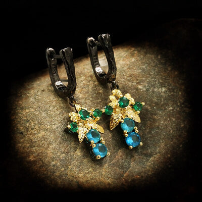 Bohemian Style Blue Rectangular Zircon Drop Earrings Golden Flower Zircon Earrings Luxury 925 Silver Ladies Jewelry