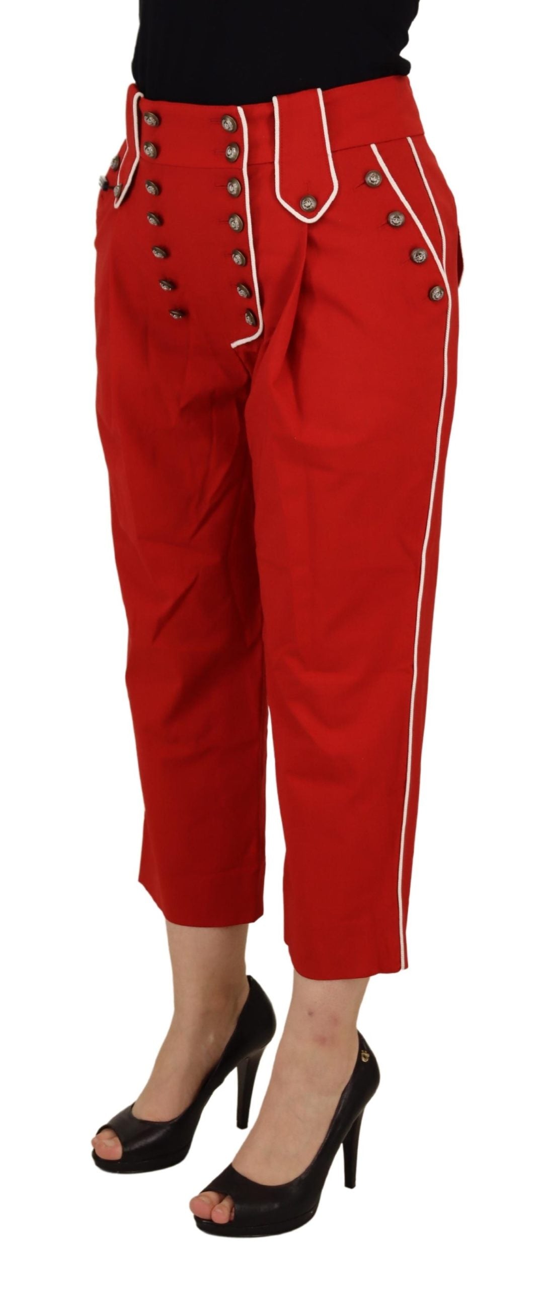 Red Button Embellished High Waist Pants