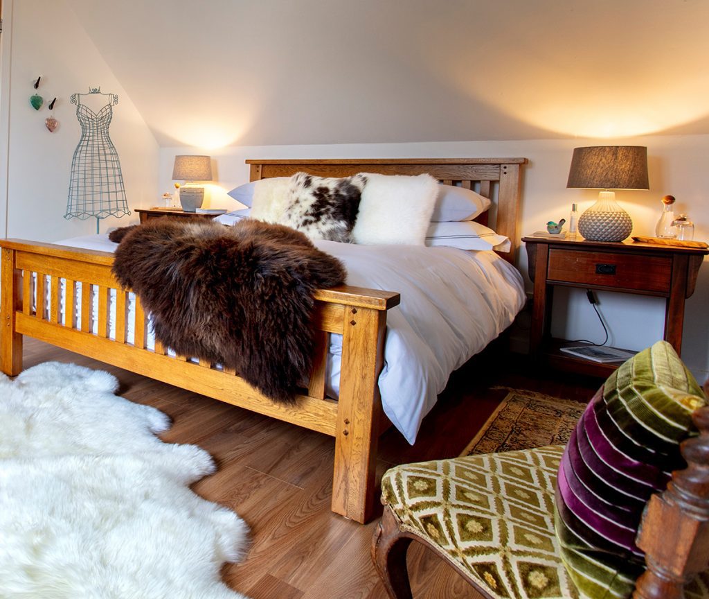 Special mimosa sheepskin in bedroom, Skyeskyns, Scottish sheepskins