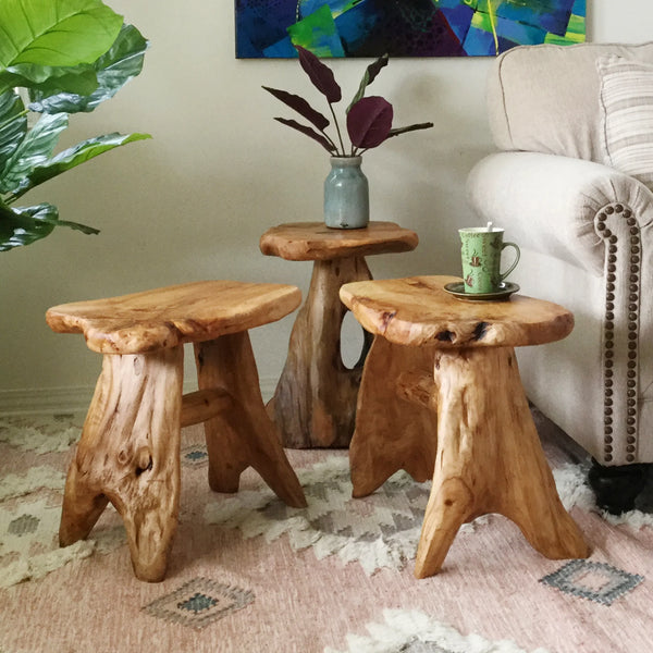 Taburete con soporte para flores de raíces de cedro