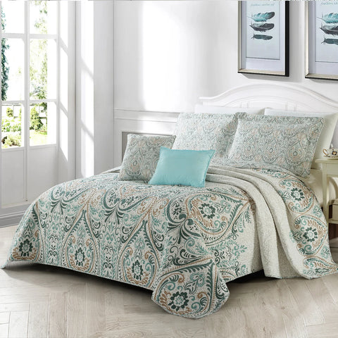 5 Piece Printed Microfiber Quilt Bedspread Set - Visionary Damask Blue