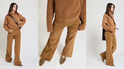 Earthy Tones Outfit, brown velvet pants and beige sweater to match our animalier Babú leather shoes. Our pointed-toe flats are a perfect touch for a natural, earthy and subtle outfit.