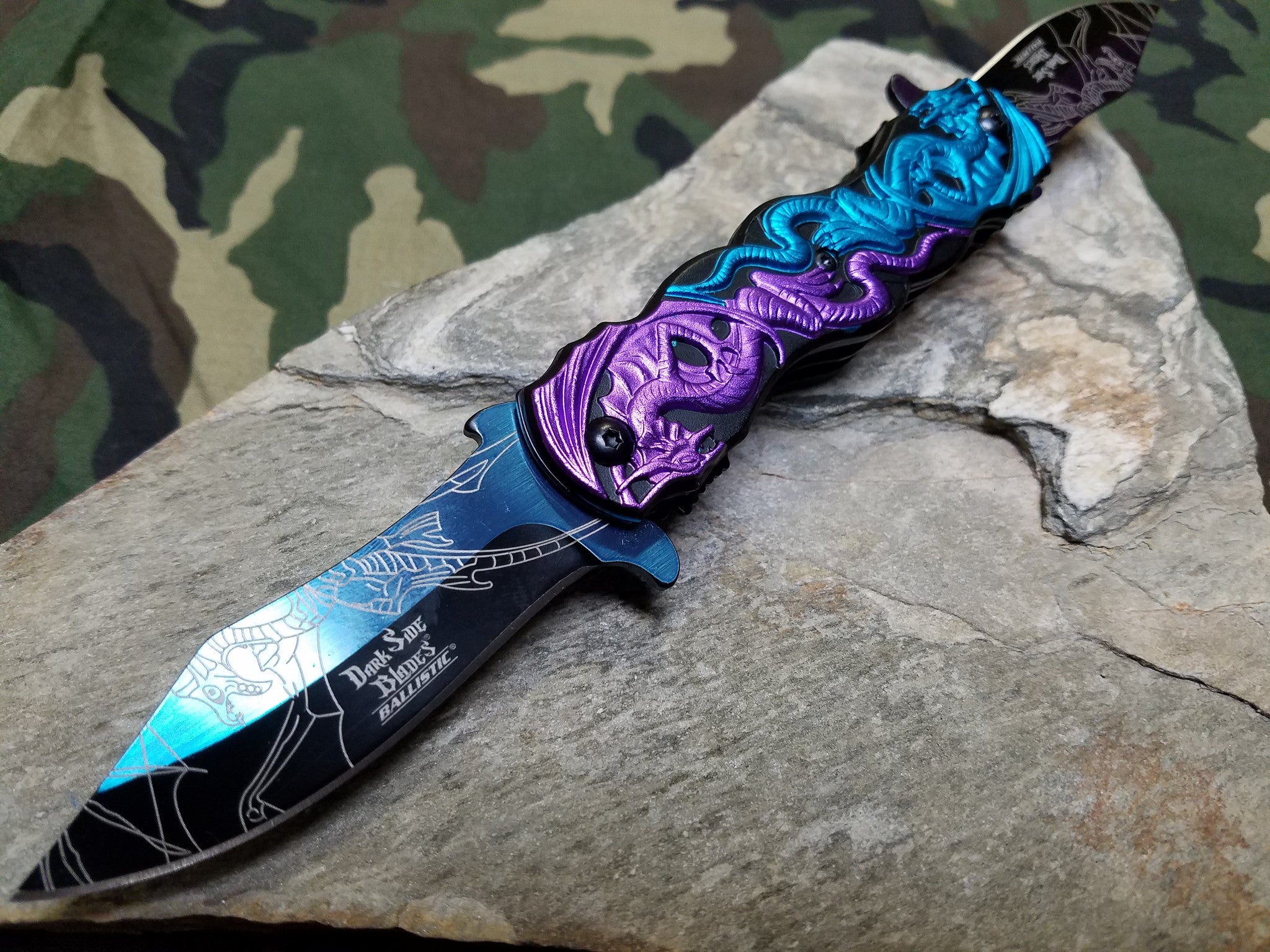 Dark Side Folding Knife Fantasy A O Dragon 2 Double Blade Blue Purple Atlantic Knife Company