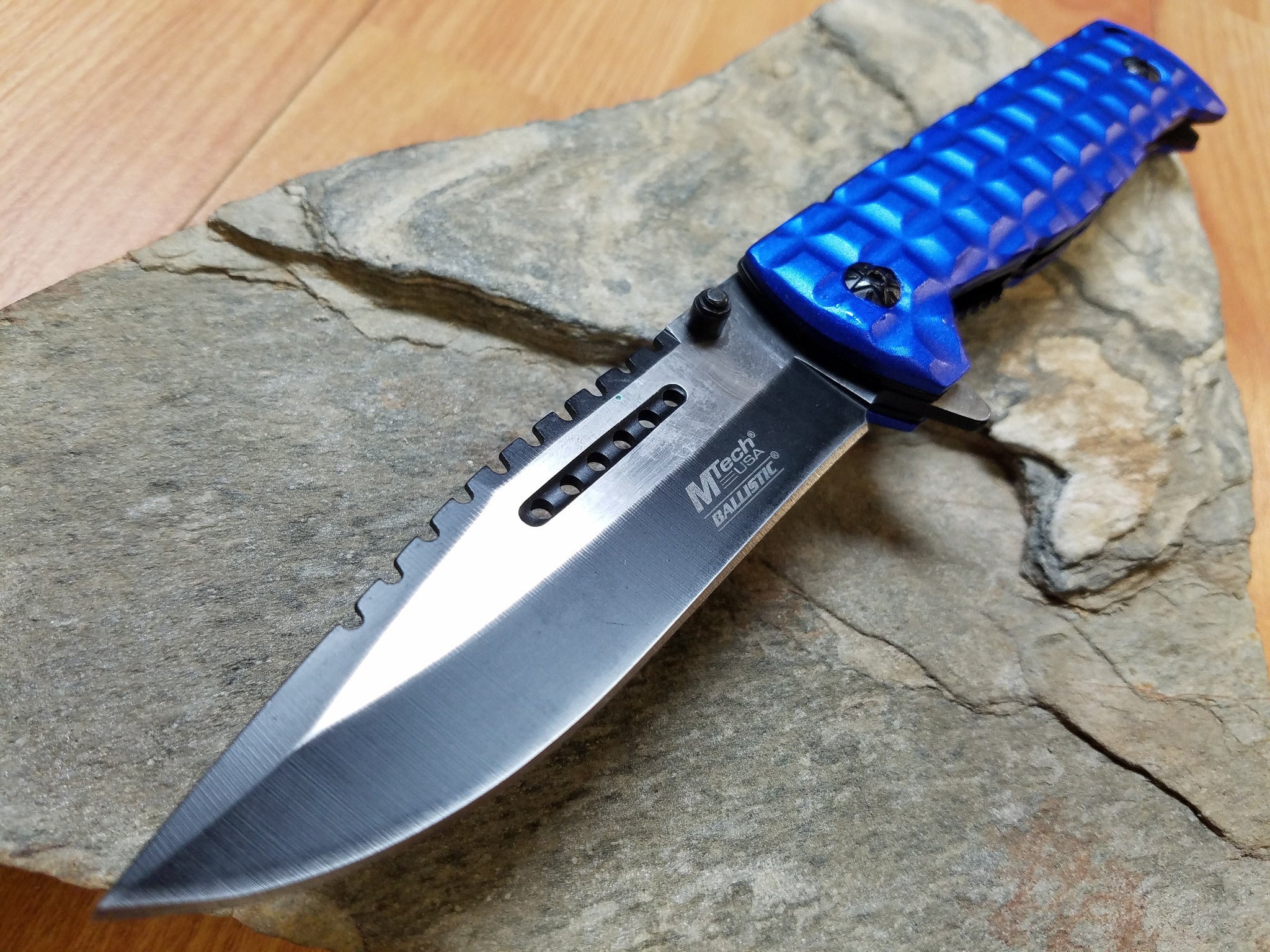 Mtech 9 Folding Spring Assisted Blue Tactical Pocket Knife With Glass Atlantic Knife Company