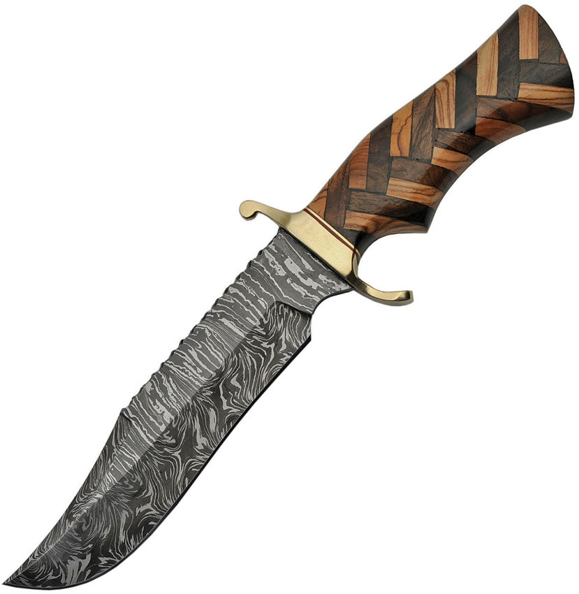 Damascus 12 Checkered Wood Brass Guard Bowie Knife Leather Sheath 1 Atlantic Knife Company